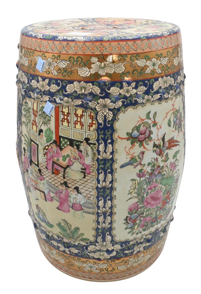 Chinese Porcelain Garden Seat, having painted panels of figures in courtyard, height 19 inches. (1 of 4)