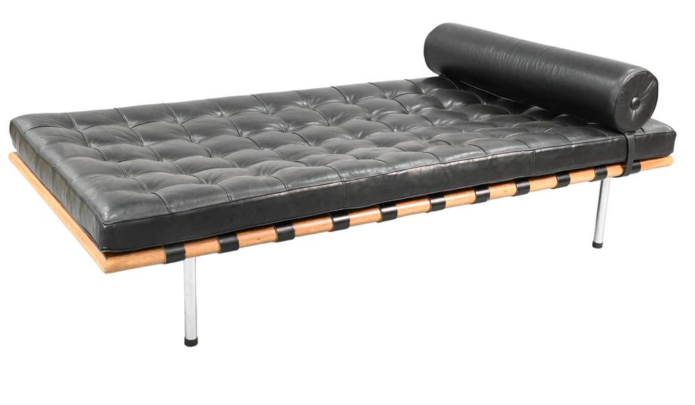 Ludwig Mies Van Der Rohe Barcelona Daybed, having black leather cushion with bolster, on mahogany (1 of 7)