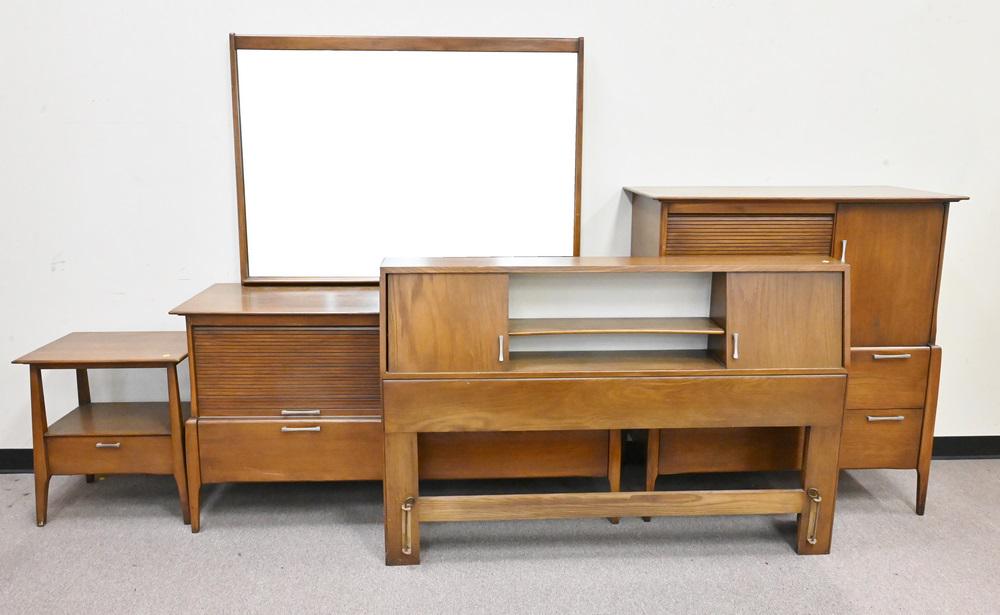 1970 Heywood Wakefield Five Piece Set, to include a long dresser, mirror, bed, tall chest, and (1 of 6)