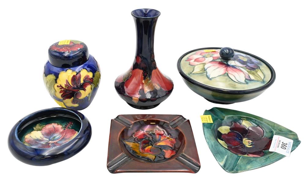 Six Piece Moorcroft Pottery Group, to include two covered jars, vase, small dish along with two (1 of 6)