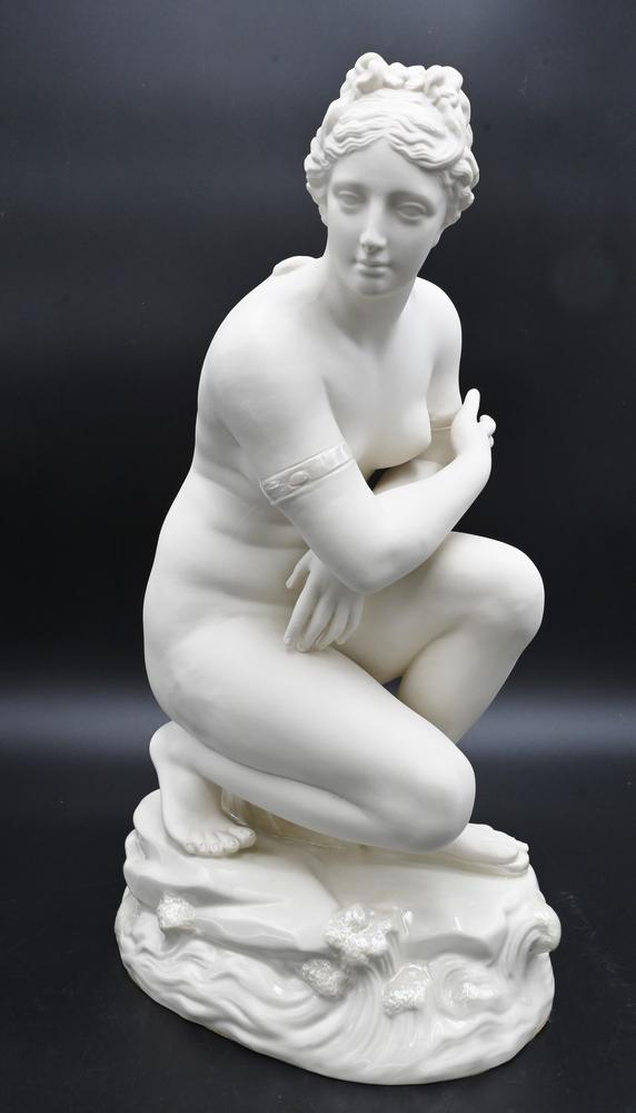 Belleek Porcelain Crouching Venus Figure, crouching on wave form base, signed Albert Elliott, having (1 of 6)