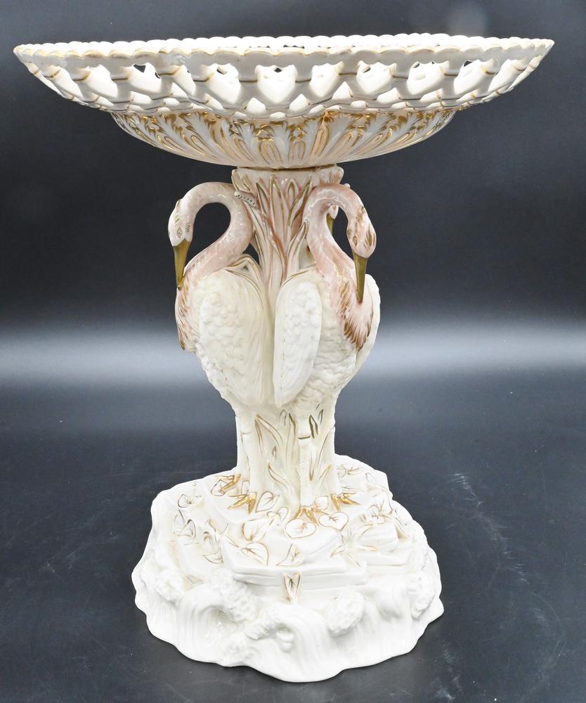 Belleek Porcelain Basket, on crane form pedestal base, having reticulated basket dish top on crane (1 of 6)