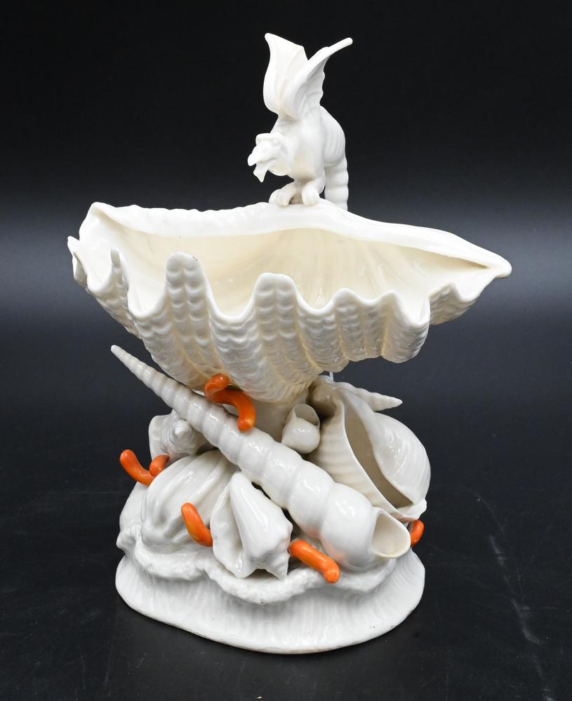 Belleek Winged Griffin, on shell resting on shells, orange painted coral, black mark on bottom, (1 of 5)