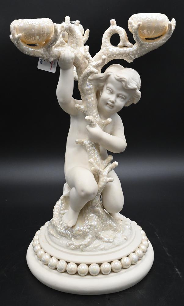 Large Belleek Boy Candelabra or Bud Vase, having cherub holding coral form branch with shelf form (1 of 6)
