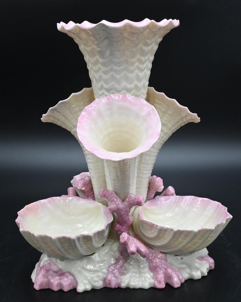 Belleek Marine Vase, having cornucopia vase top and shell dishes on pink coral form base, with black (1 of 5)