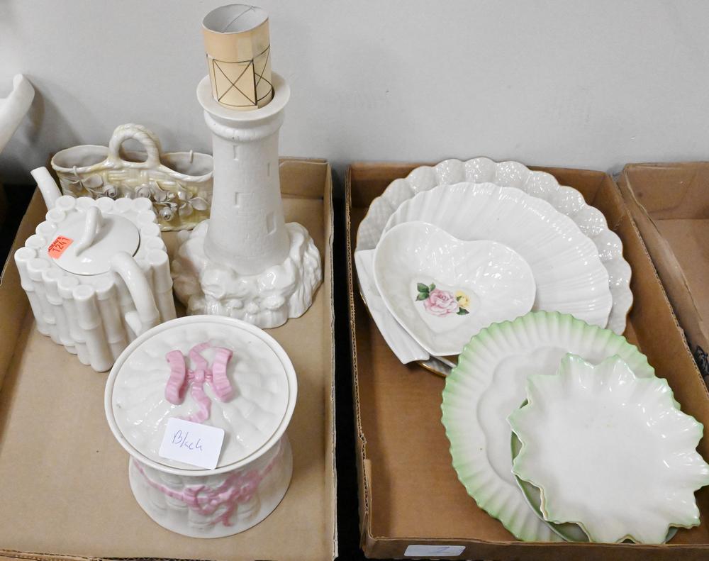 Two Tray Lots of Belleek, to include a specimen holder, faux bamboo teapot, harp, pair of cornucopia (1 of 4)