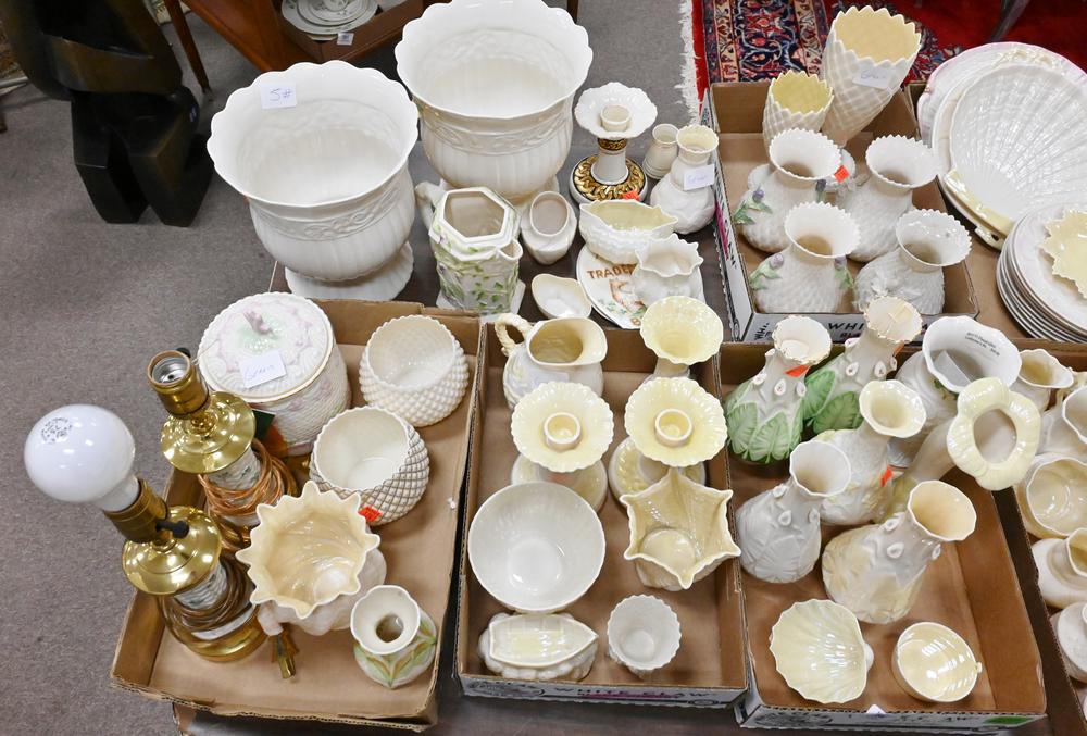 Six Tray Lots of Belleek, to include a pair of jardinieres, vases, lamps, candlesticks, bowls, etc.; (1 of 6)