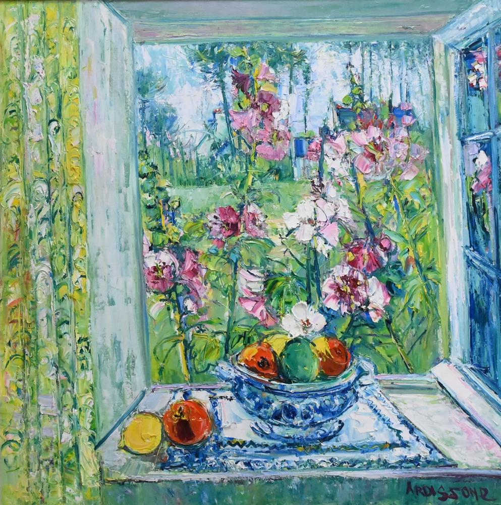 Yolande Ardissone (born 1927), flowers and fruit in window, oil on canvas, signed lower right: Yolande Ardissone (born 1927), flowers and fruit in window, oil on canvas, signed lower right Ardissone; 38 1/2" x 38 1/2".