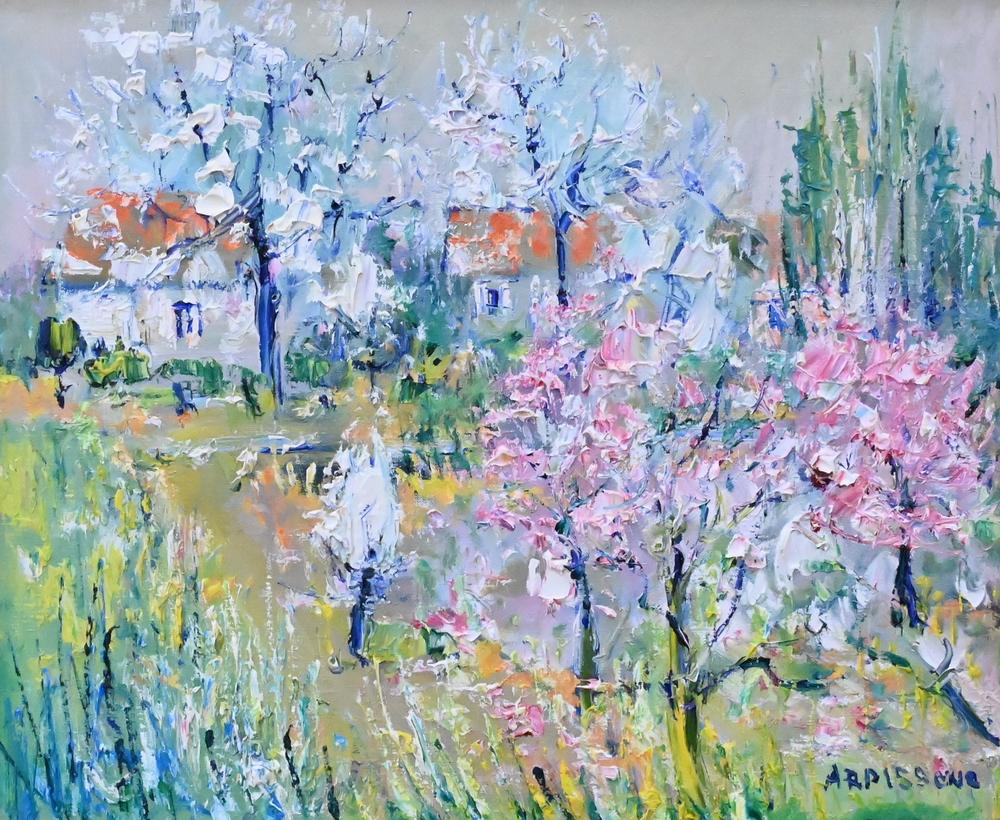 Yolande Ardissone (born 1927), landscape with flowers and trees, oil on canvas, titled "Pintemps en: Yolande Ardissone (born 1927), landscape with flowers and trees, oil on canvas, titled "Pintemps en Loire", signed lower right Ardissone, in gilt frame, 24" x 21".