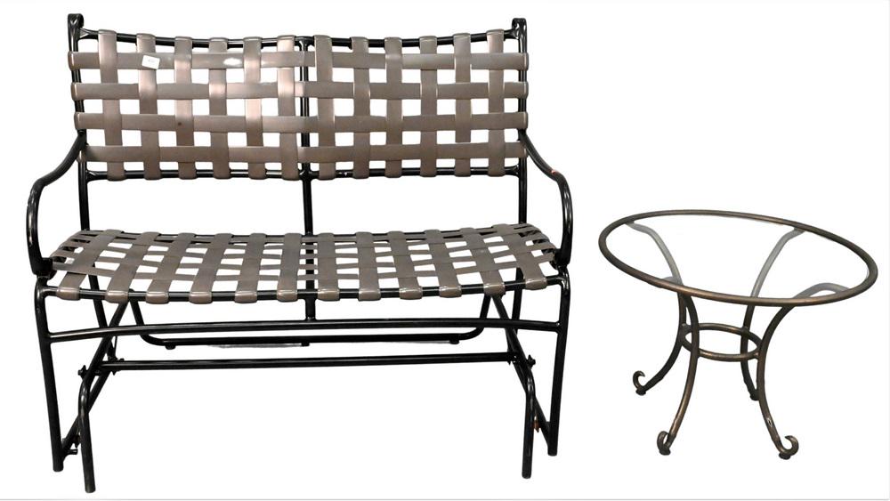 Brown & Jordan Six Piece Outdoor Set, to include two loungers, glider, tea cart (one glass missing), (1 of 5)