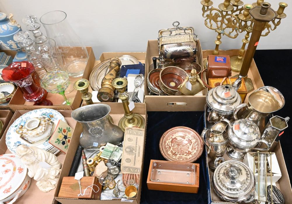 Five Tray Lots of Silverplate, Brass Candlestick, pewter, zodiac candlestick, silverplate tea set, (1 of 5)