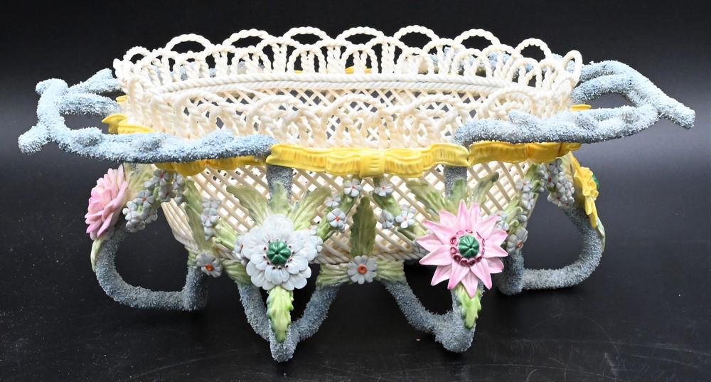 Belleek Porcelain Rathmore Basket, colorful flowers and leaves, branch handles, footed base, black (1 of 4)
