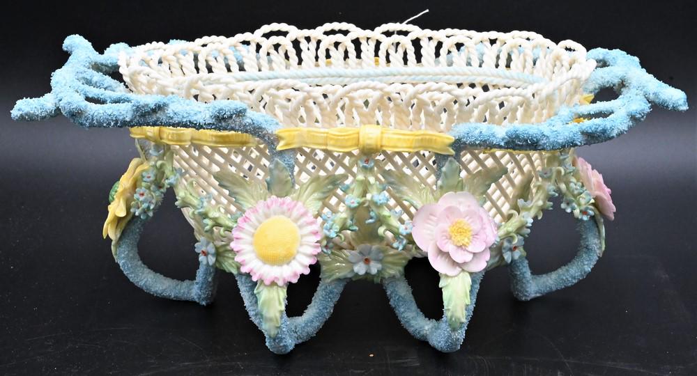 Belleek Porcelain Rathmore Basket, having colorful flowers and leaves, branch handles, footed base, (1 of 4)