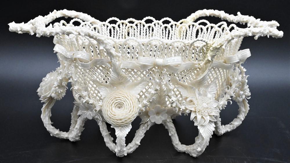 Belleek Porcelain Rathmore Basket, open reticulated center raised on branch legs, encrusted with (1 of 4)