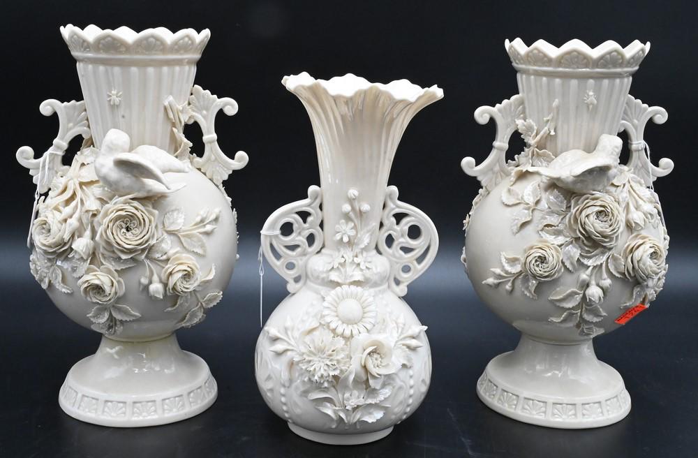 Group of Three Belleek Vases, to include pair having bird and encrusted flowers, heights 10 inches; (1 of 8)
