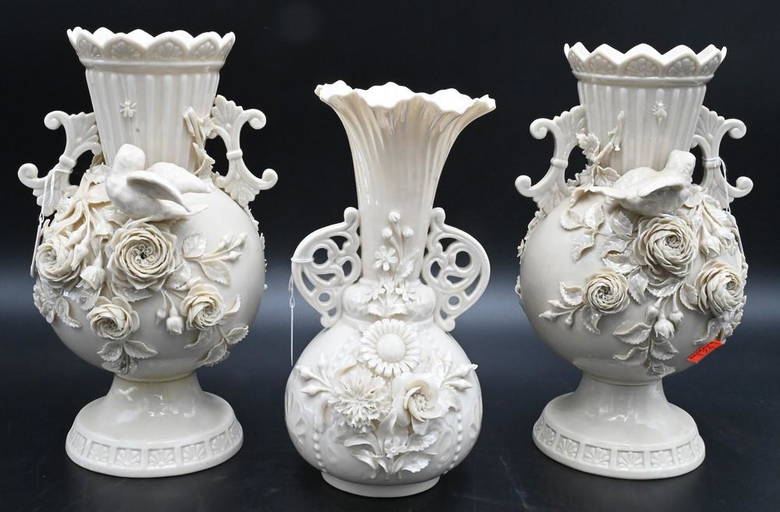 Group of Three Belleek Vases, to include pair having bird and encrusted