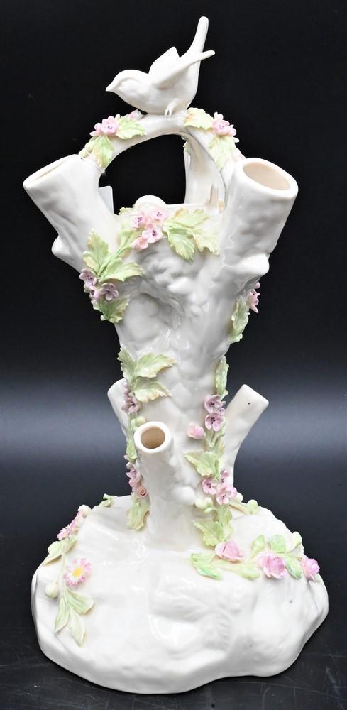 Belleek Figural Porcelain Birds in a Tree Vase, or Flower Frog, having painted flowers and leaves, (1 of 5)