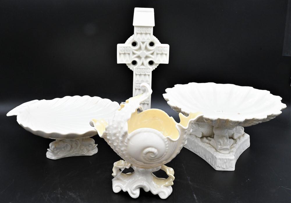 Four Piece Belleek Porcelain Group, to include a tri-dolphin porcelain compote with shell form top (1 of 6)