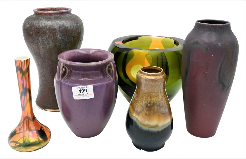 Group of Six Vases, to include Fulper pottery vase in purple glaze, height 6 1/2 inches; a small (1 of 6)