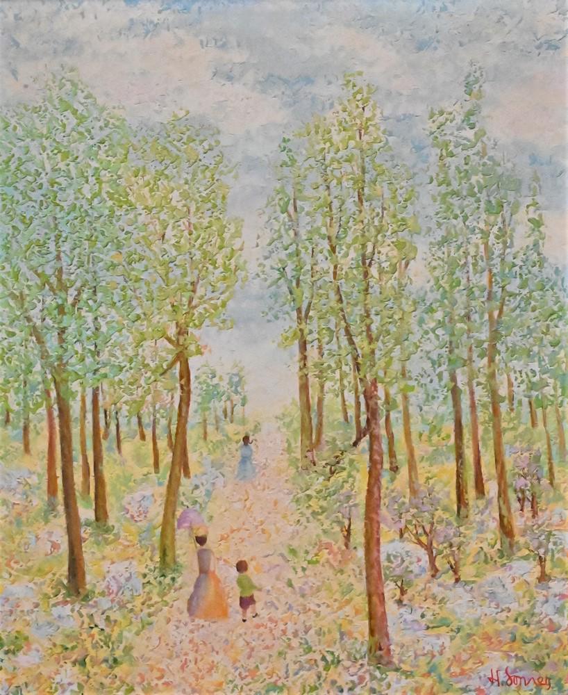 Harry Somers (German, born 1922), landscape with trees and figures, oil on canvas, 29" x 23 1/2". (1 of 5)