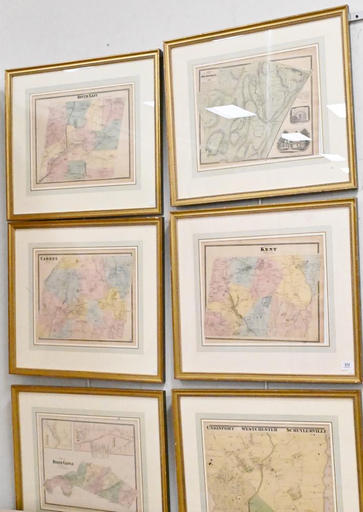 Six Atlas of New York and Vicinity, hand colored engraved map including Southeast,: Six Atlas of New York and Vicinity, hand colored engraved map including Southeast, Unionport/Westchester, North Castle, Carmel, Wood Lawn Cemetery, and Kent, sight size 13 3/4" x 16 3/4". Provenance: