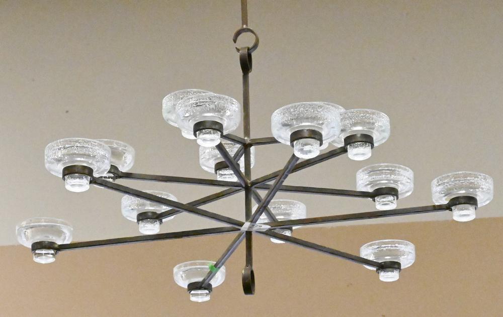 Erik Hoglund Iron and Glass Mid Century Hanging Chandelier, height 23 inches, diameter 27 inches. (1 of 3)