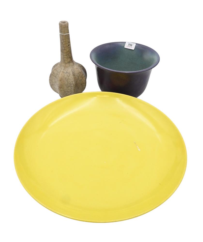 Three Chinese Porcelain Pieces, to include a crackle glazed vase, height 11 inches; a large yellow (1 of 7)
