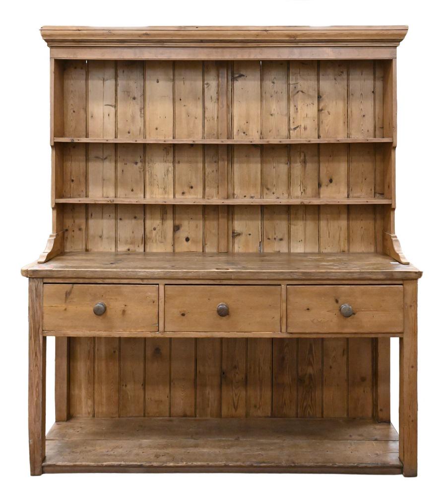 Irish Pine Welsh Cupboard, in two parts, height 86 inches, width 75 inches, depth 18 inches. (1 of 4)