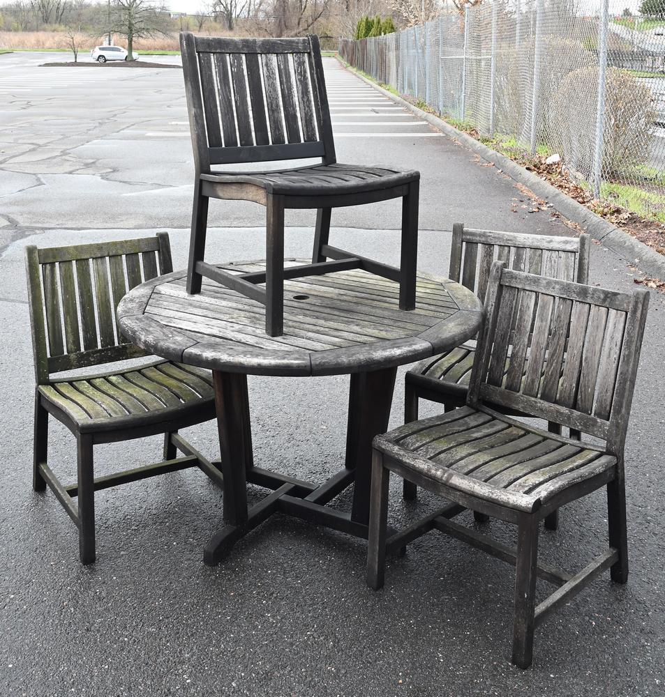 New River Brazilian Cherry Outdoor Patio Set, having two round tables along with six chairs, similar (1 of 5)