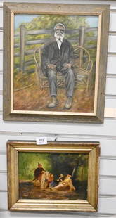 Six Framed Pieces, to include a set of three continental school paintings with figures, oil on: Six Framed Pieces, to include a set of three continental school paintings with figures, oil on panel, 8 1/4" x 10 1/2"; William Henderson of Red Hill, Virginia, signed E.D. Ellis, 1959, mixed media on