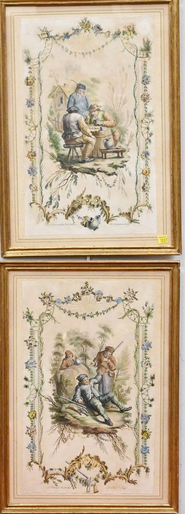 After Jean-Baptiste, pillement set of four hand colored etchings, to include chinoiseries decorated (1 of 5)