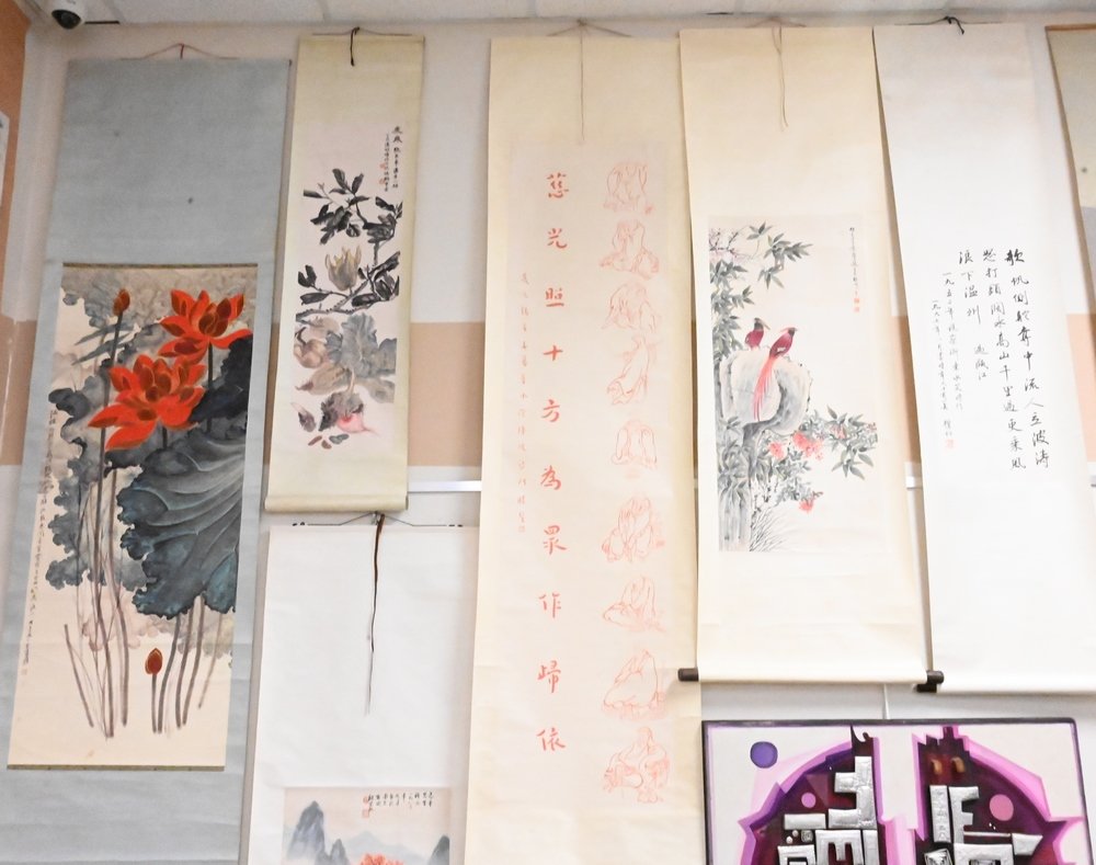 Group of Seven Chinese Scrolls, to include three having flowers; two with characters; one with birds (1 of 5)
