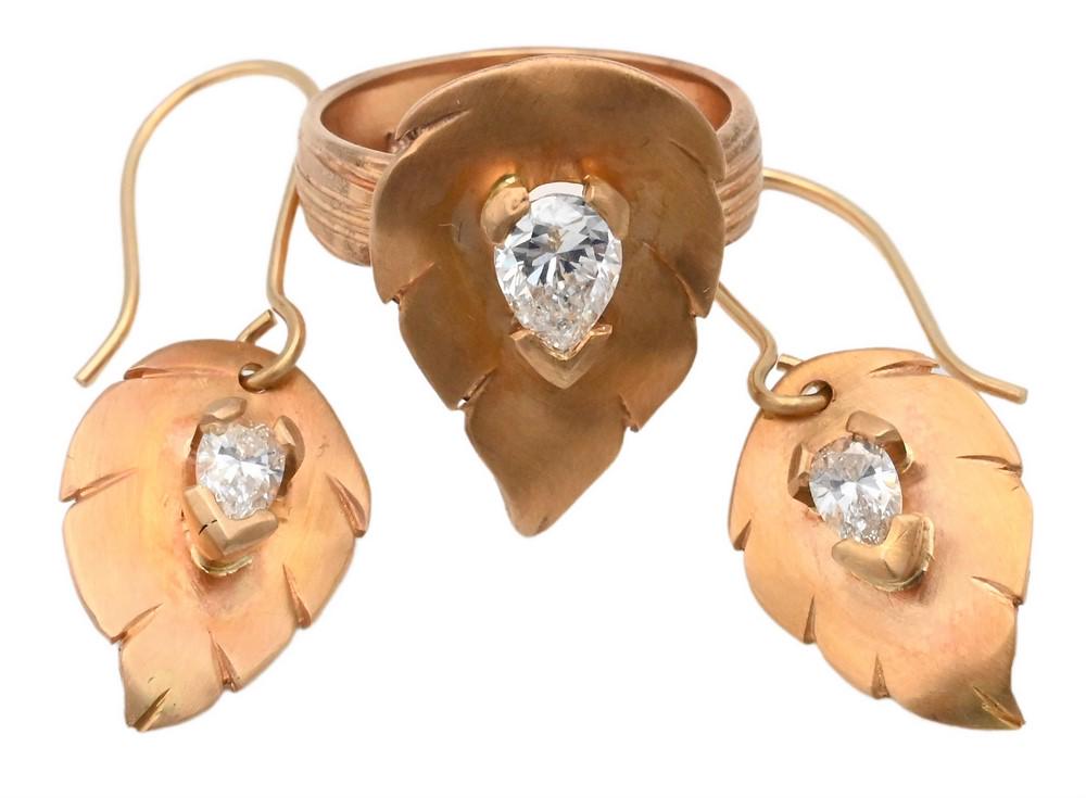 Three Piece Valencia Earring and Ring Set, 14 karat gold leaf form, each having diamond mounted on (1 of 4)