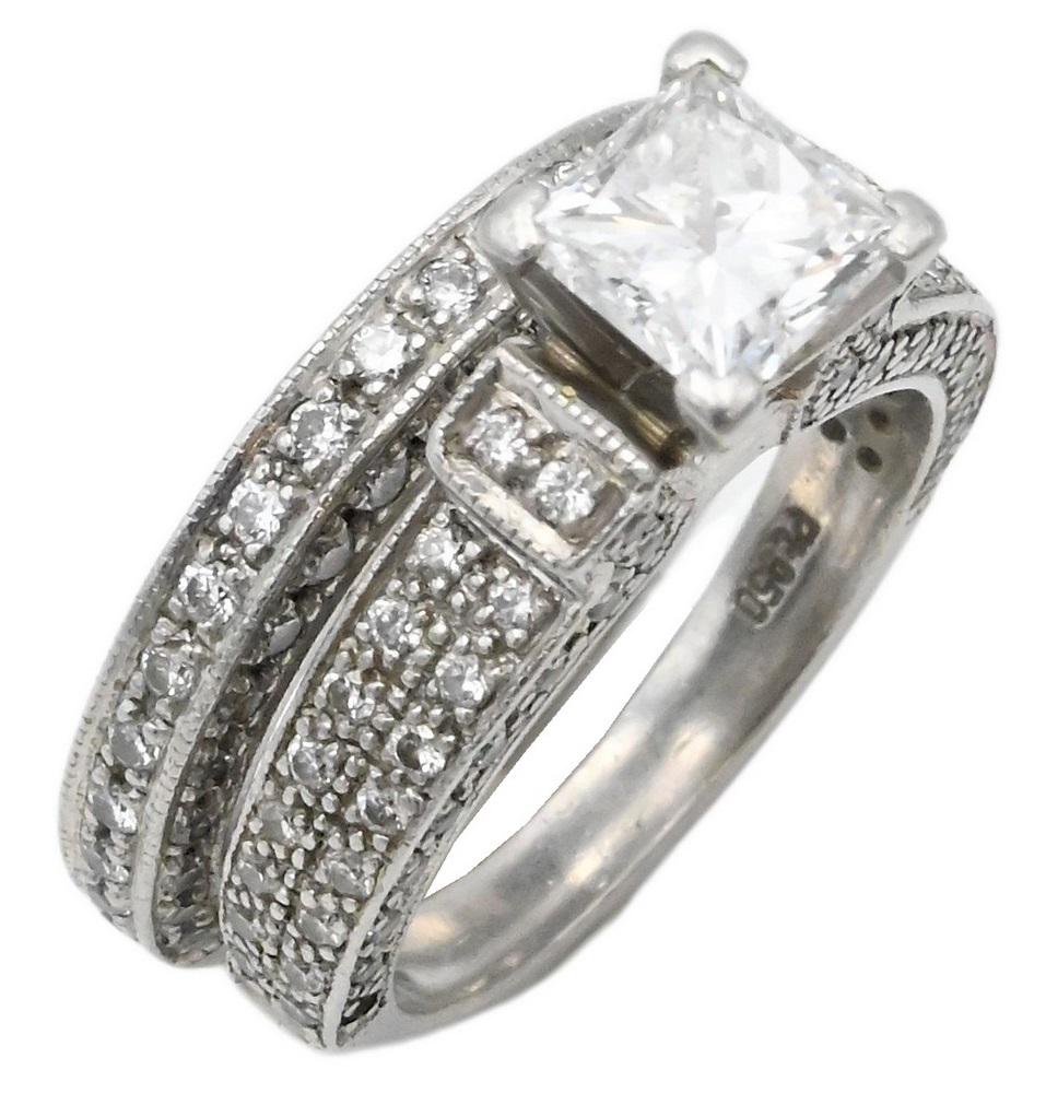 Diamond Engagement Ring, 1.02 carat with matching diamond band, GIA report, square modified: Diamond Engagement Ring, 1.02 carat with matching diamond band, GIA report, square modified brilliant, 5.52 x 5.47 x 4.02 millimeters, E color, VVS1, set in platinum setting, appraised for $13,100, si