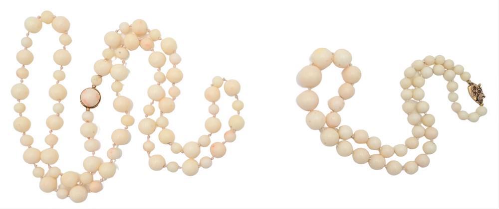 Two Carved White Stone Coral Beaded Necklaces, one having 18 karat gold clasp, 32 inches long; along (1 of 6)