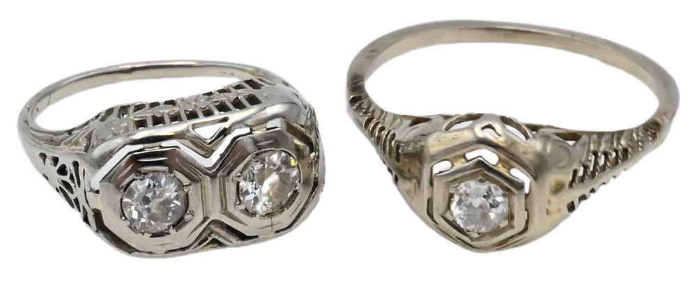 Two 14 Karat White Gold Filigree Rings, to include one set with two round diamonds, each 4.3 (1 of 4)