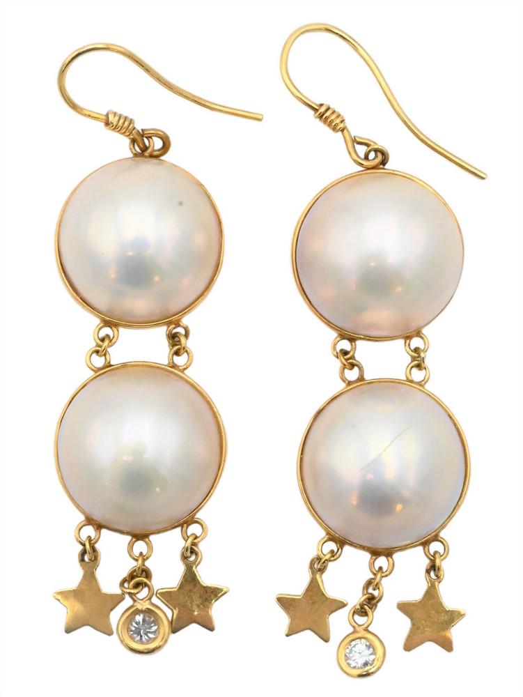 Pair of 14 Karat Gold and Pearl Drop Pendant Earrings, ending in two star drops, and round diamond. (1 of 4)