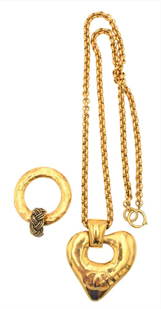 Authentic Chanel Necklace, gold tone Chanel heart shaped pendant, along with a Chanel round pendant; (1 of 5)