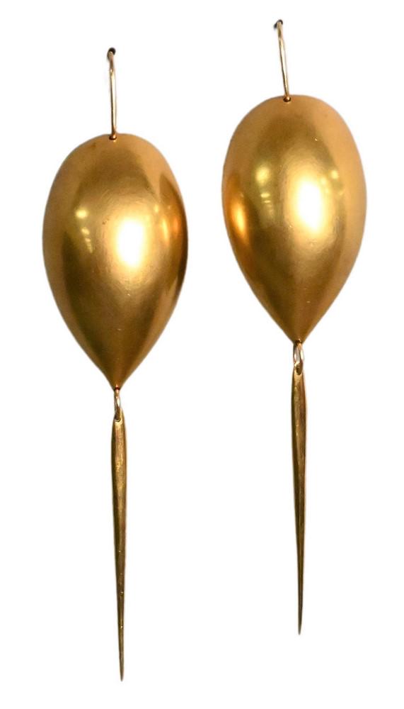 Pair of Ted Muehling Earrings, gilt with drops, total length 3 1/2 inches.: Pair of Ted Muehling Earrings, gilt with drops, total length 3 1/2 inches.