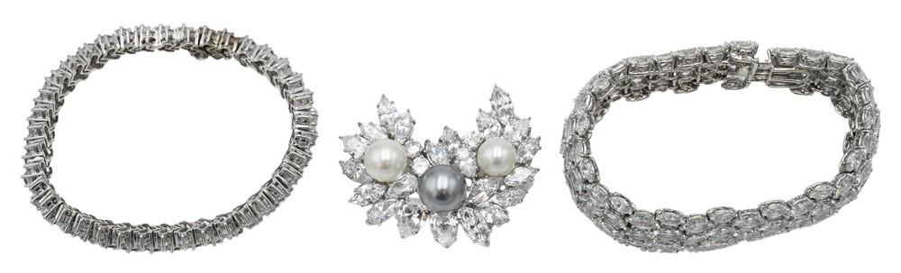Three Piece Custom Cubic Zirconia Group, to include two sterling bracelets, along with a brooch (1 of 4)