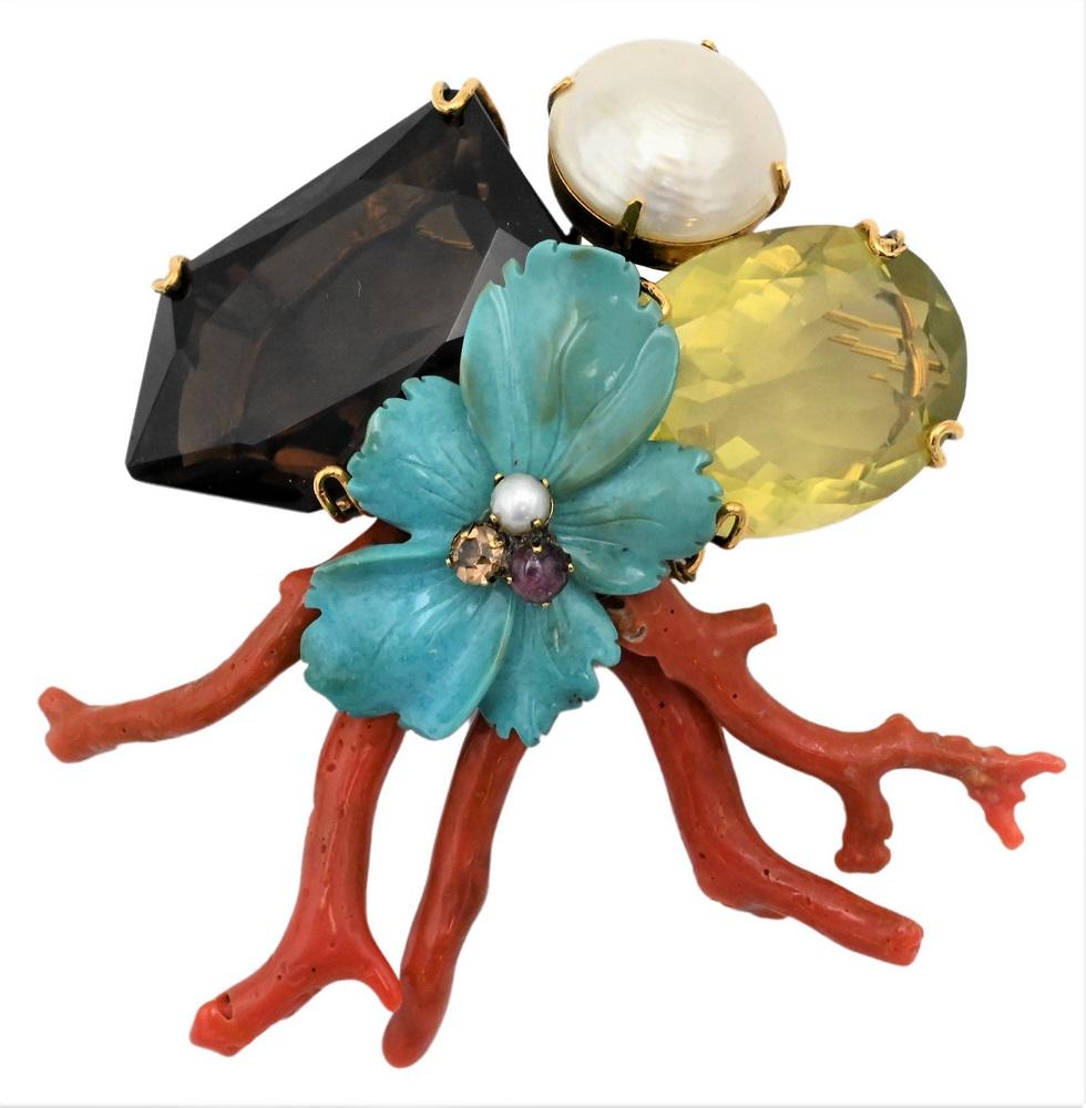 Vintage Iradj Moini Brooch, having coral, turquoise and stones, height 3 1/2 inches. (1 of 4)