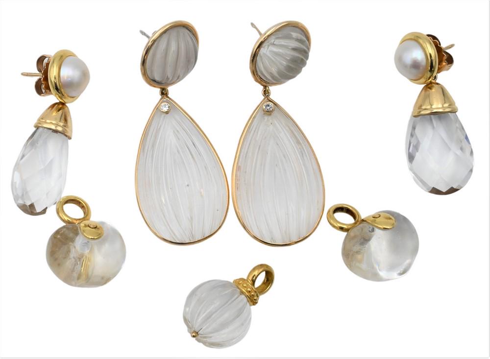 Two Pairs of Gold and Glass Earrings, to include pair 14 karat gold with drop pendants, pair of 18 (1 of 4)