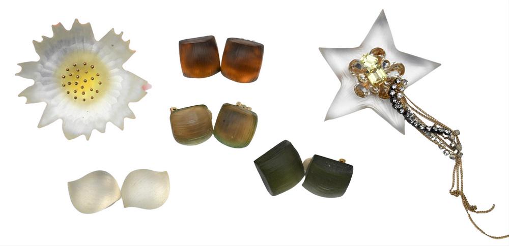 Four Pairs of Alexis Bittar Hand Carved Ear Clips, along with two brooches. (1 of 4)