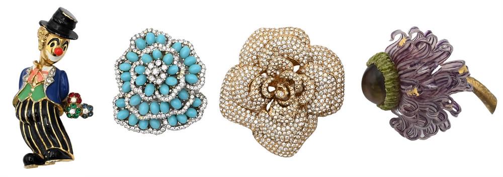 Group of Four Pins, to include a Fabrico flower brooch, Ciner brooch, M.C.J. brooch, along with a (1 of 6)