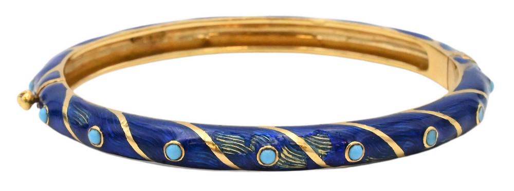 18 Karat Gold Enameled Bangle Bracelet, having blue enamel (chipped), marked 18K, 24.9 grams. (1 of 4)