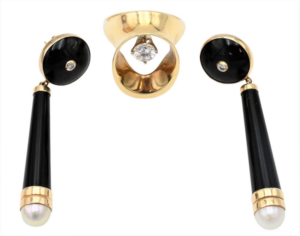 14 Karat Gold, Black Onyx and Pearl Earrings, along with a 14 karat gold ring with cubic zirconia, (1 of 4)