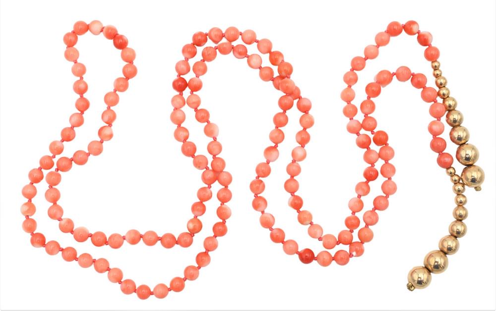 Round Pink Coral Beaded Necklace, having 14 karat gold bead ends, approximately 6 millimeters each, (1 of 4)