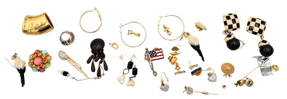 Group of Miscellaneous Jewelry, to include earrings, brooch, clips, along with three 18 karat gold (1 of 5)