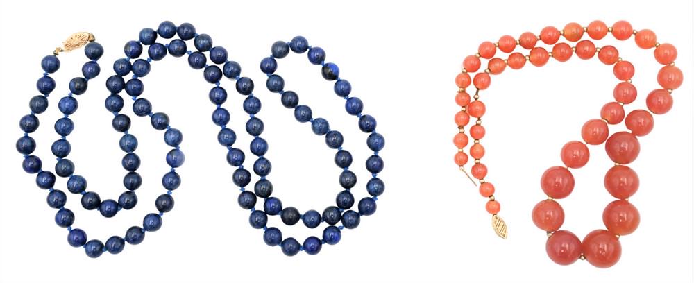 Two Beaded Stone Necklaces, having 14 karat gold clasps, lapis 34 inches long, carnelian beaded: Two Beaded Stone Necklaces, having 14 karat gold clasps, lapis 34 inches long, carnelian beaded necklace 18 inches long.