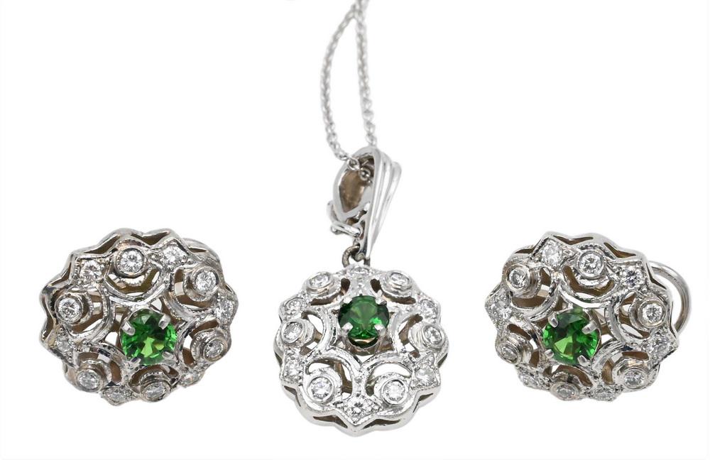 Three Piece Earring and Necklace Set, 14 karat gold mounted with diamonds and center green stones, (1 of 5)